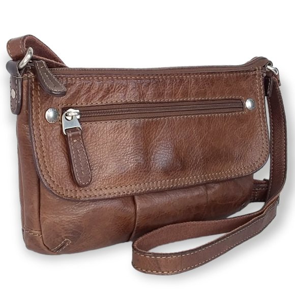 Fossil Handbags - Vintage Fossil Crosstown Crossbody Bag Brown Pebbled Leather Multi Compartment